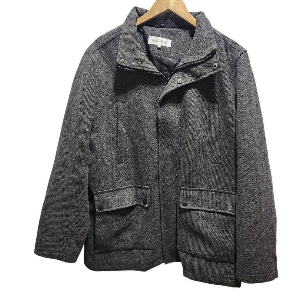 Calvin Klein grey stripe wool blend full zip overcoat jacket Large